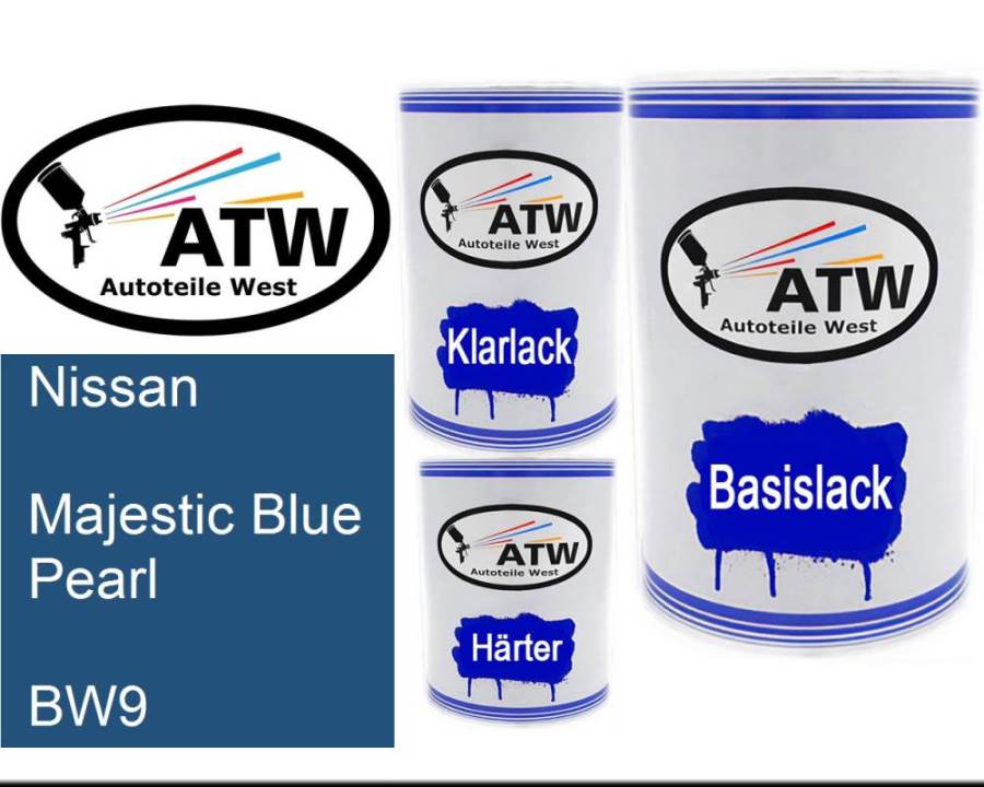 Nissan, Majestic Blue Pearl, BW9: 500ml Lackdose + 500ml Klarlack + 250ml Härter - Set, von ATW Autoteile West.